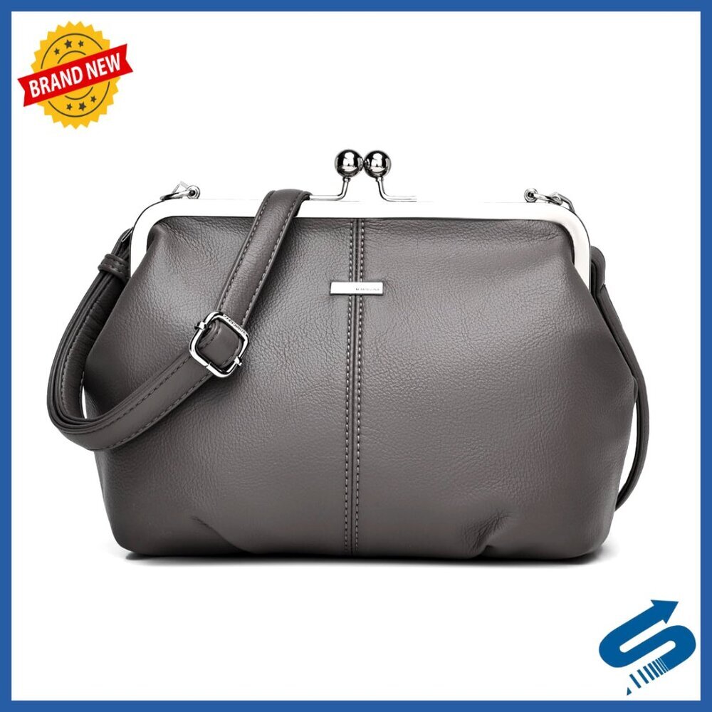 Slouchy PU Leather Kiss Lock Crossbody Bag Hobo Purse Shoulder Tote